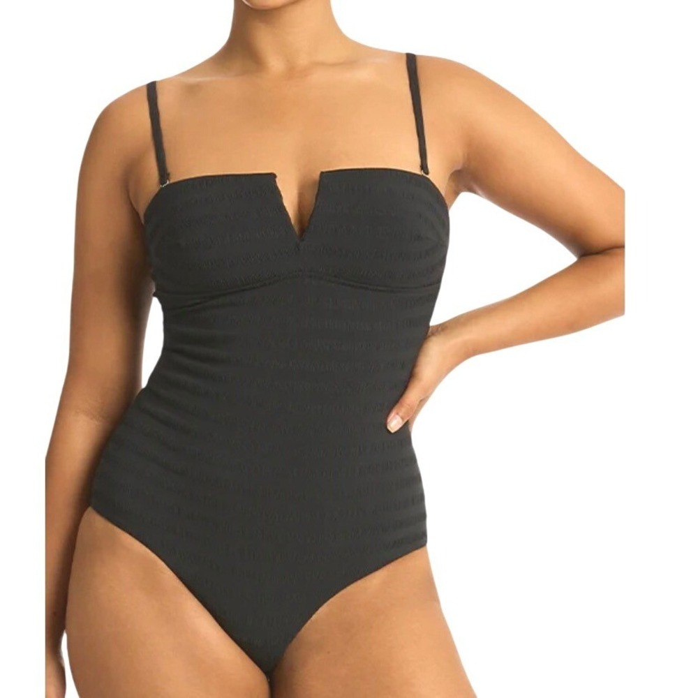 Sea Level Palisades Vee Bandeau One Piece Swimsuit Black Textured Size 8 US